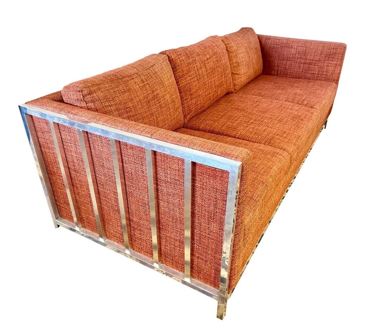 Canapé cubique chromé mi-siècle moderne avec tissu en tweed orange Knoll en vente 1