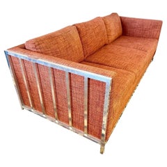 Vintage Mid Century Modern Chrome Cube Sofa with Orange Knoll Tweed Fabric