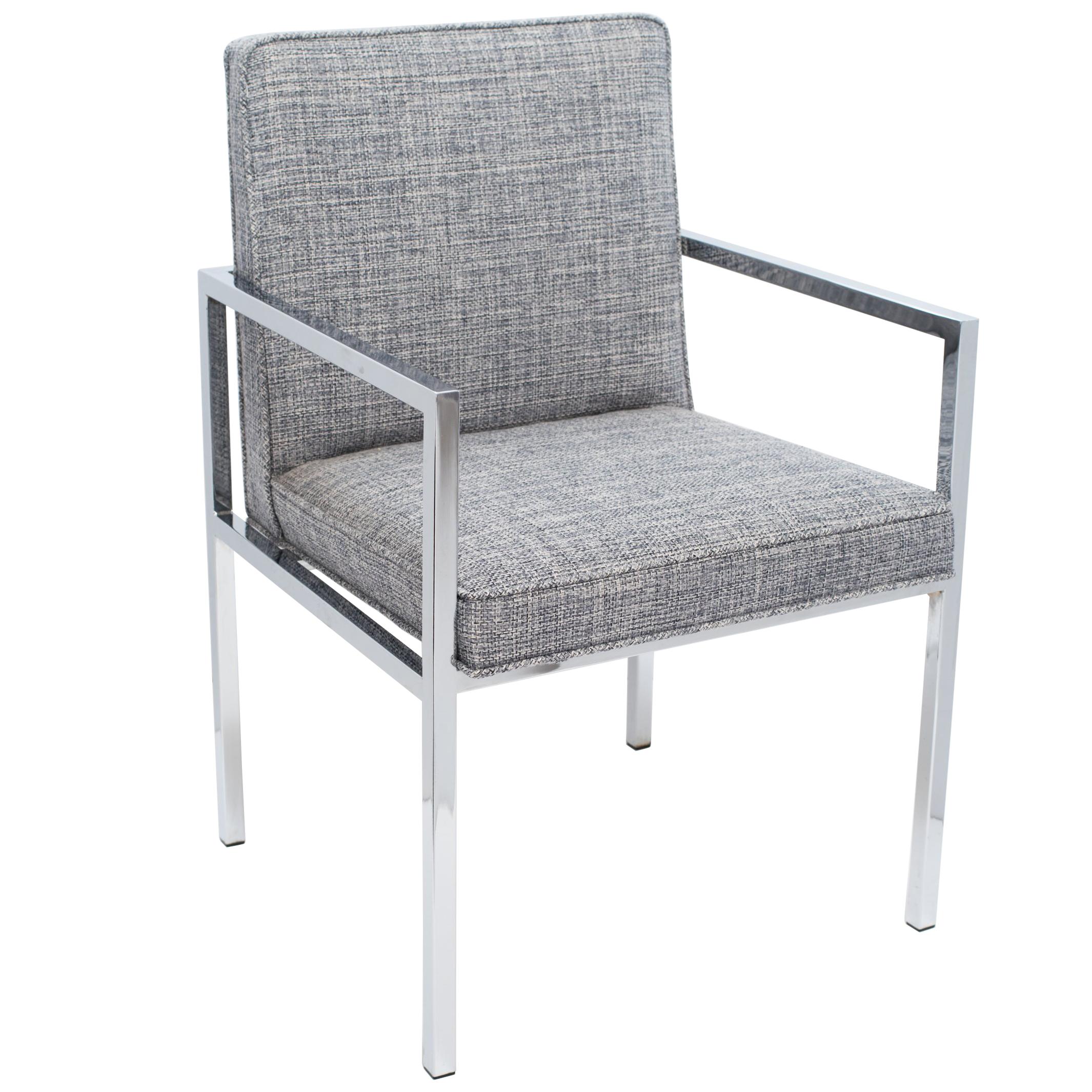 Mid-Century Modern desk chair or side chair with chromed cantilevered frame in the style of Milo Baughman. Newly upholstered in a woven textile by Rogers & Goffigon fabric in hues of steel blue and grey heather (cotton/linen).