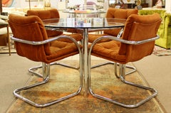 Mid-Century Modern Chrome Dinette Set 4 Armchairs Glass Top Table, 1970s