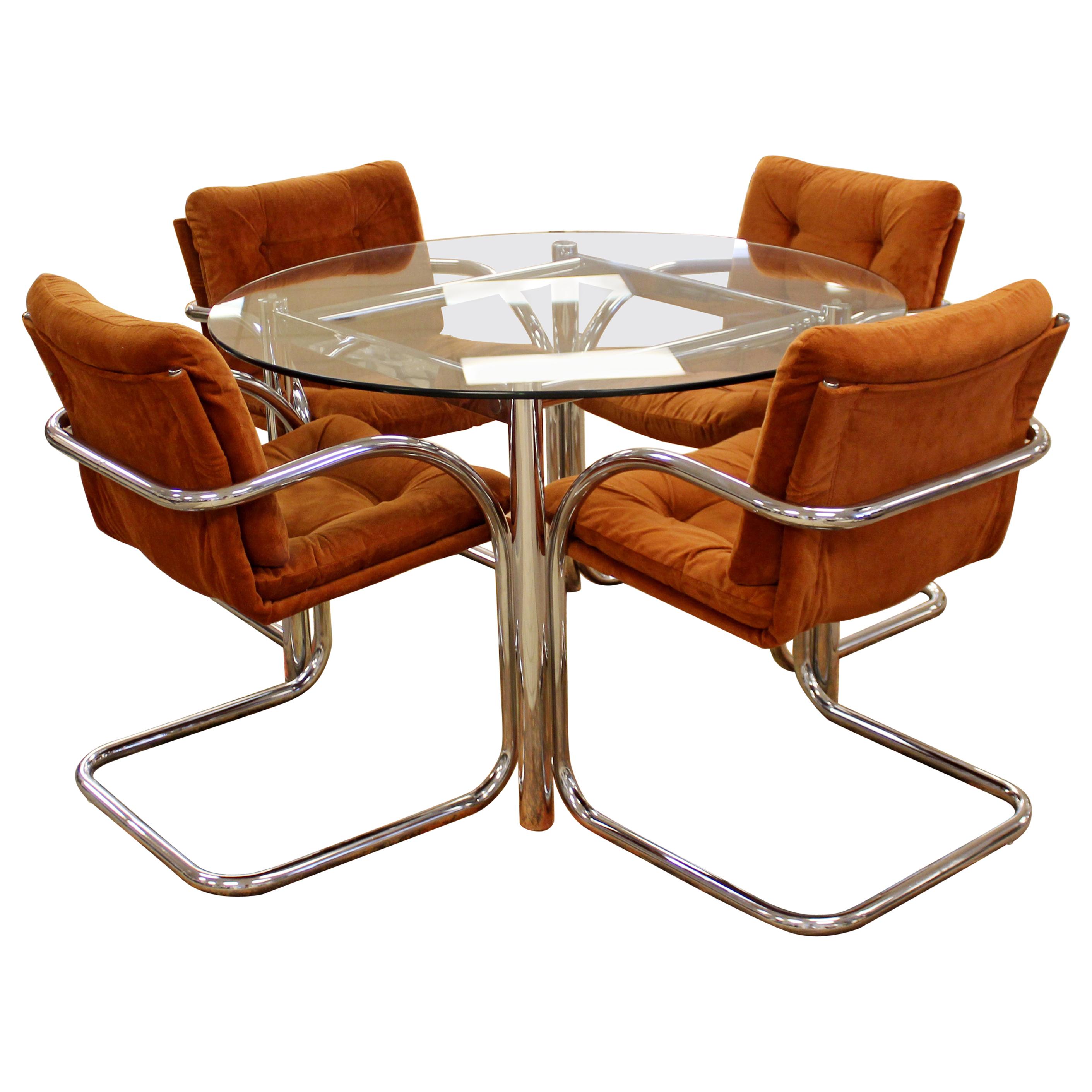 Mid-Century Modern Chrome Dinette Set 4 Armchairs Glass Top Table, 1970s