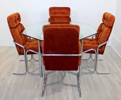 Mid-Century Modern Chrome Dinette Set of 4 Side Chairs Octagon Glass Top Table