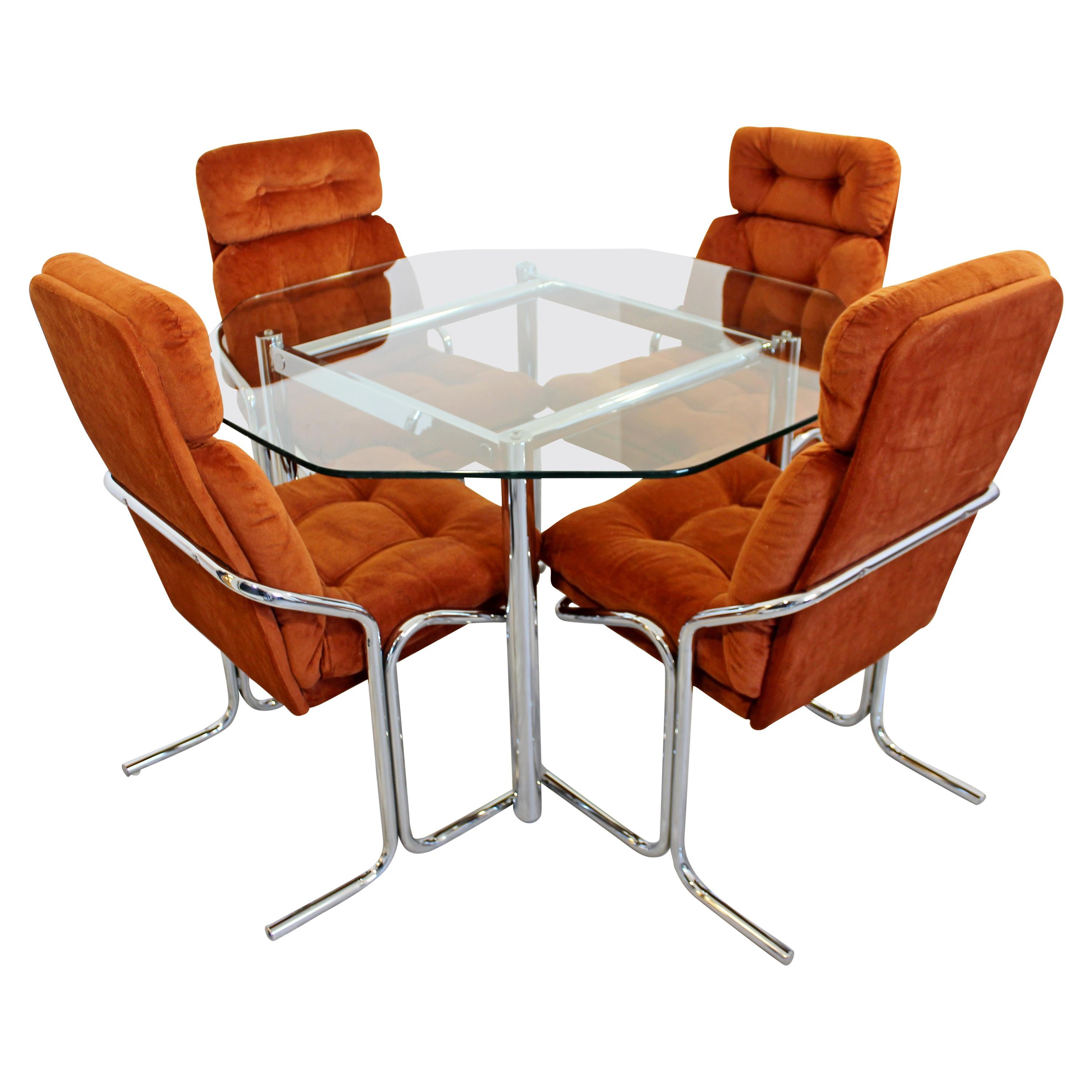 Mid-Century Modern Chrome Dinette Set of 4 Side Chairs Octagon Glass Top Table