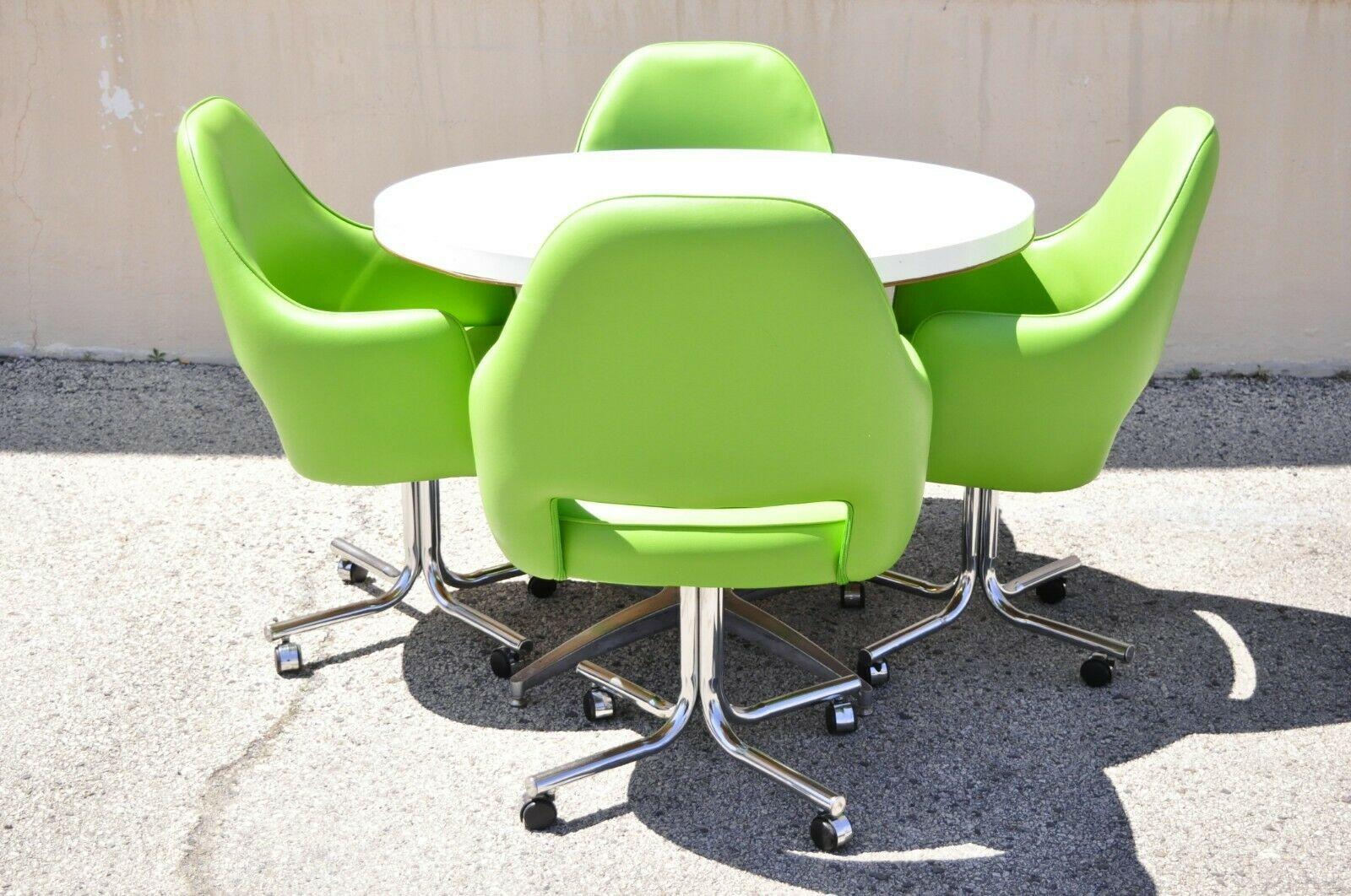 Mid-Century Modern Chrome Dining Set 4 Green Swivel Chair Round Table, 5 Pc Set 1