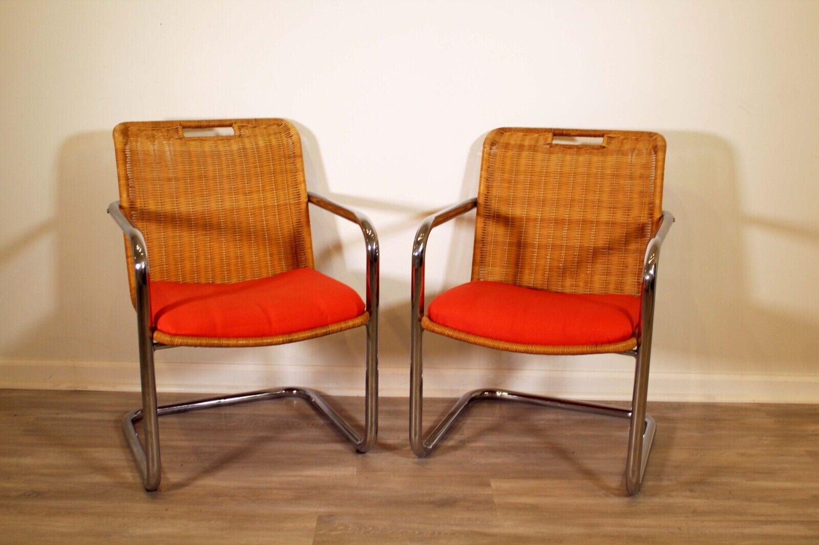 Mid Century Modern Chrome Dining Table & 6 Wicker Cantilever Chairs Chromcraft In Good Condition In Keego Harbor, MI