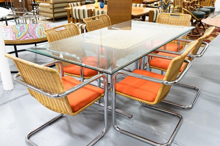 Mid Century Modern Chrome Dining Table & 6 Wicker Cantilever Chairs Chromcraft For Sale 5
