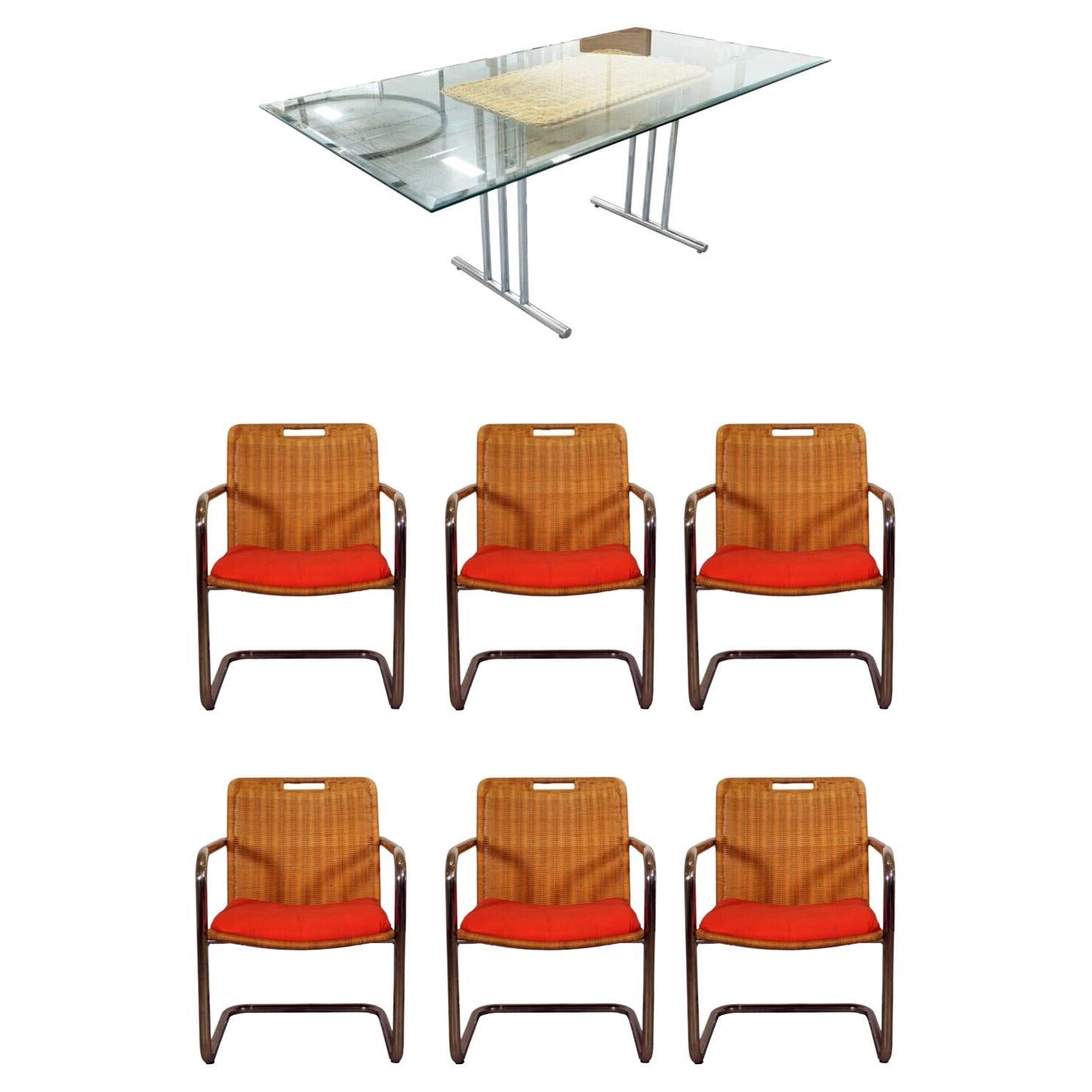 Mid Century Modern Chrome Dining Table & 6 Wicker Cantilever Chairs Chromcraft