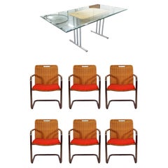 Mid Century Modern Chrome Dining Table & 6 Wicker Cantilever Chairs Chromcraft