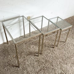 Mid Century Modern Chrome Faux Bamboo Glass Top Nesting Tables - Set of 3
