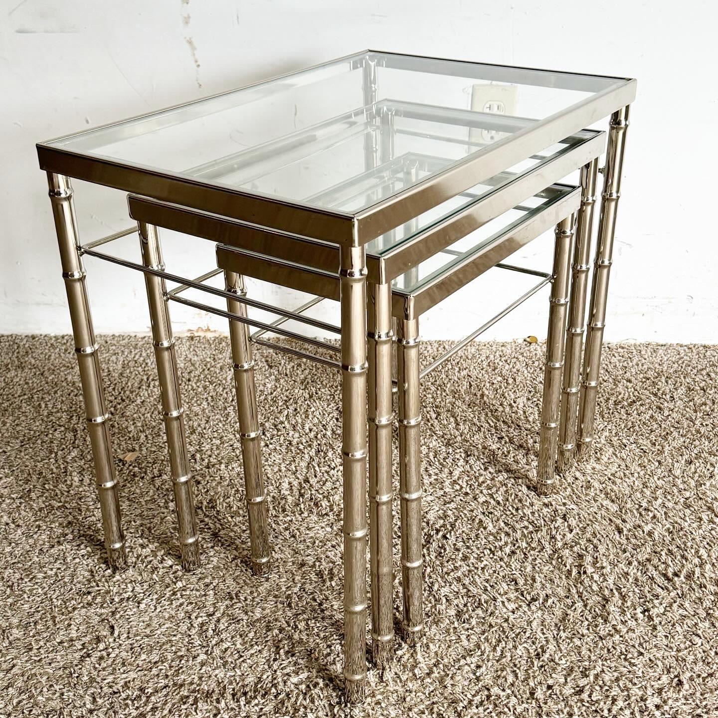 Mid-Century Modern Mid Century Modern Chrome Faux Bamboo Glass Top Nesting Tables - Set of 3 For Sale