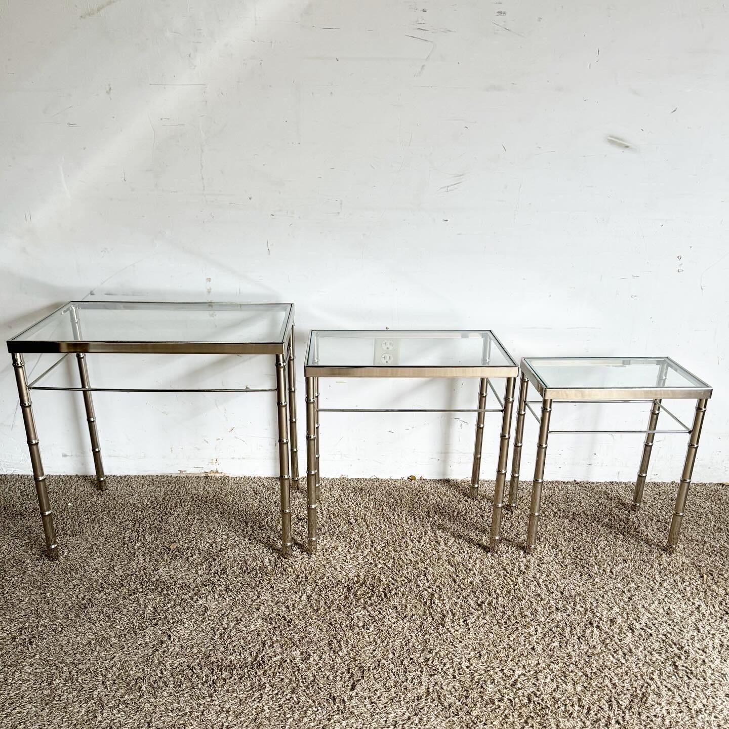 American Mid Century Modern Chrome Faux Bamboo Glass Top Nesting Tables - Set of 3 For Sale