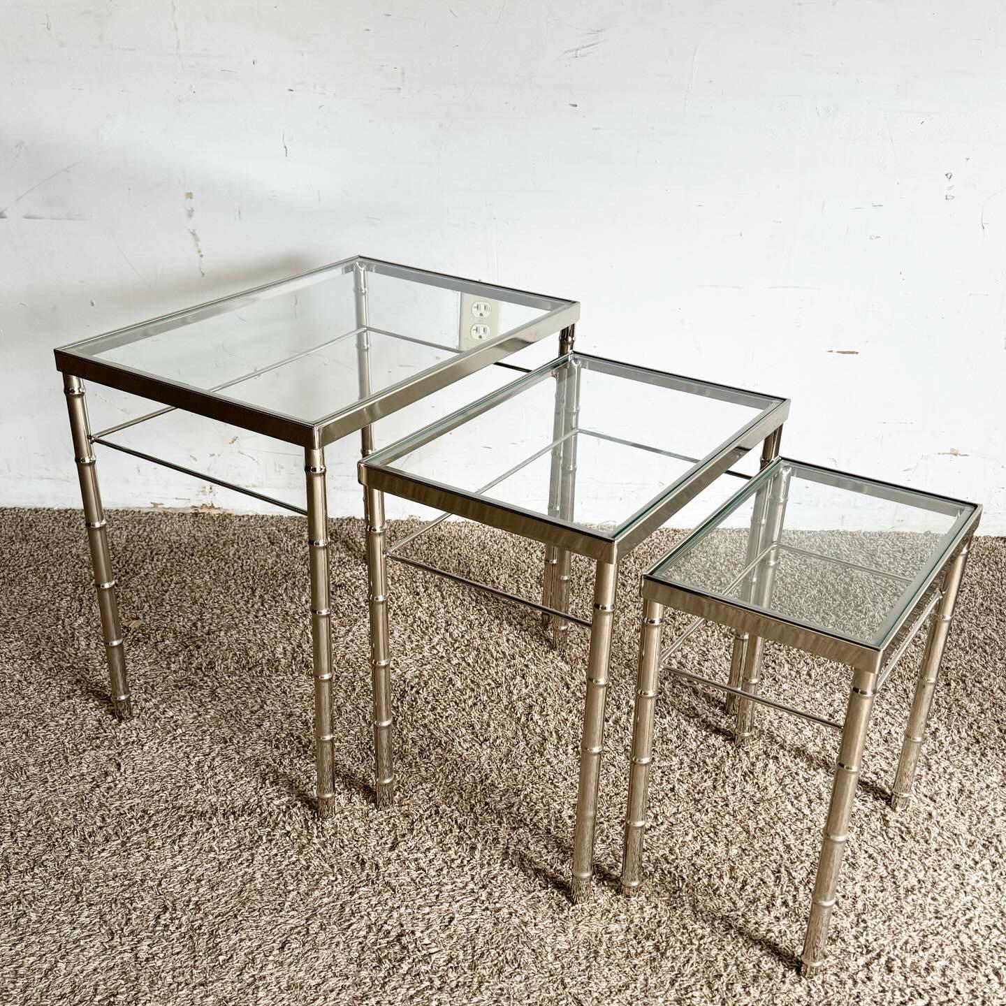 Mid Century Modern Chrome Faux Bamboo Glass Top Nesting Tables - Set of 3 In Good Condition For Sale In Delray Beach, FL