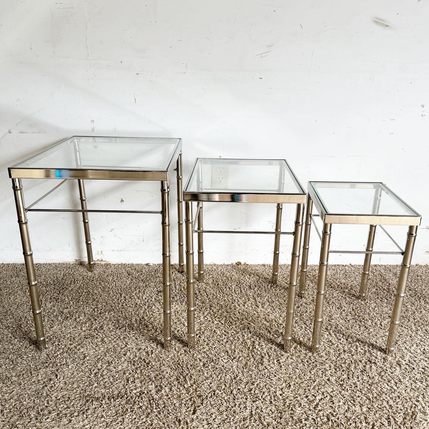 20th Century Mid Century Modern Chrome Faux Bamboo Glass Top Nesting Tables - Set of 3 For Sale