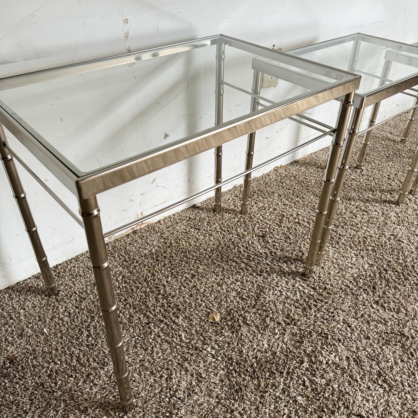 Mid Century Modern Chrome Faux Bamboo Glass Top Nesting Tables - Set of 3 For Sale 1