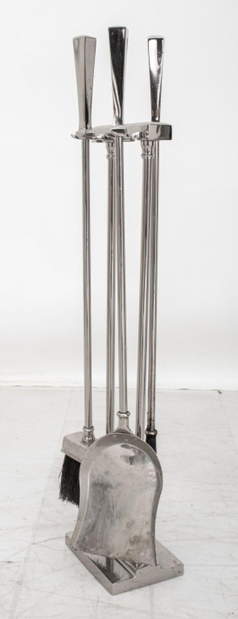 Mid-Century Modern Chrome Fireplace Tool Set, 20th Century, comprising: stand, broom, shovel, and poker. 30