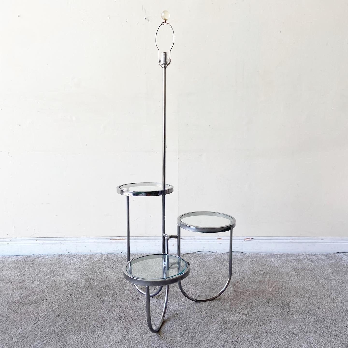 Mid-Century Modern Chrome Floor Lamp with Three Tier Table In Good Condition In Delray Beach, FL