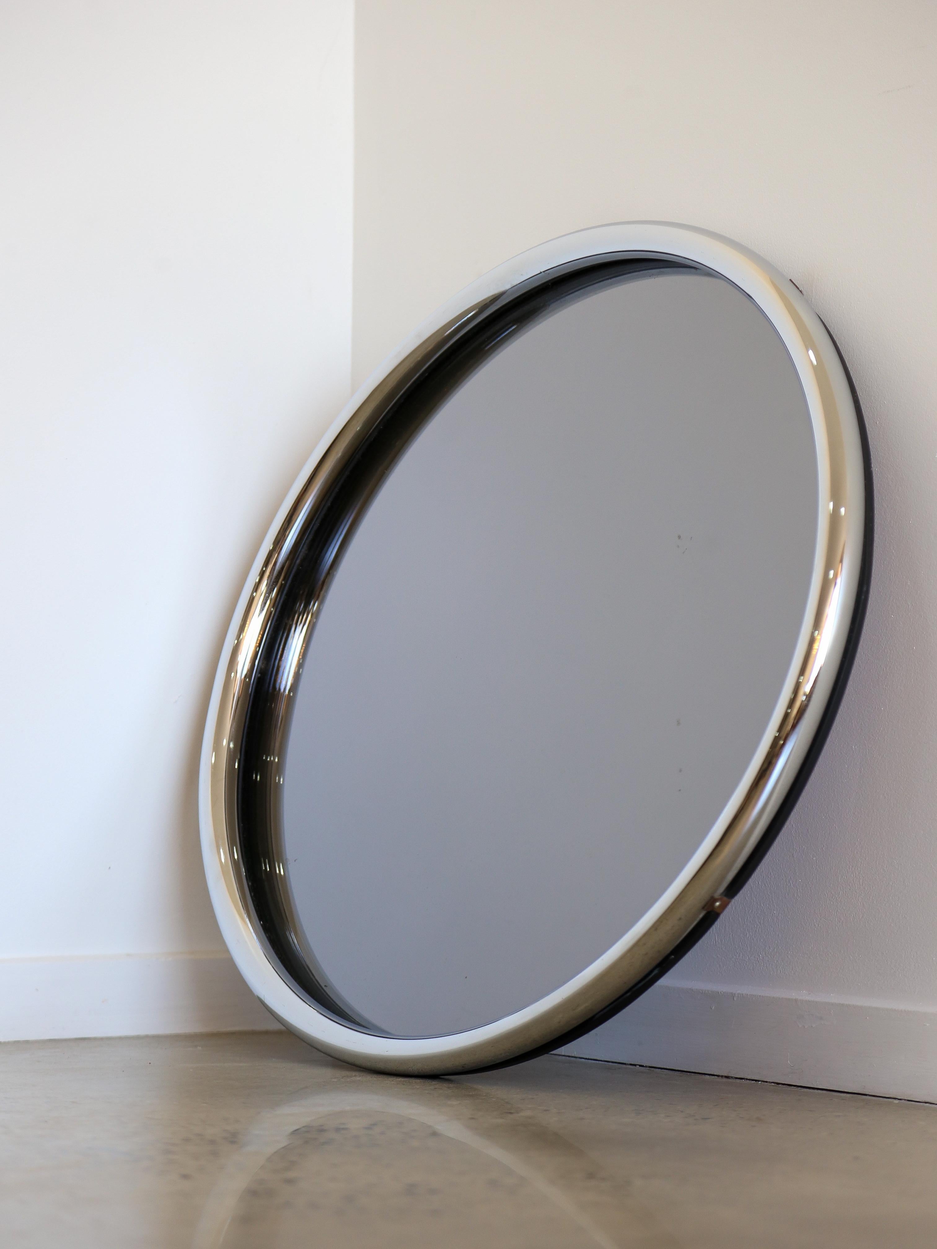 Italian Mid Century Modern Chrome Frame Round Wall Mirror For Sale