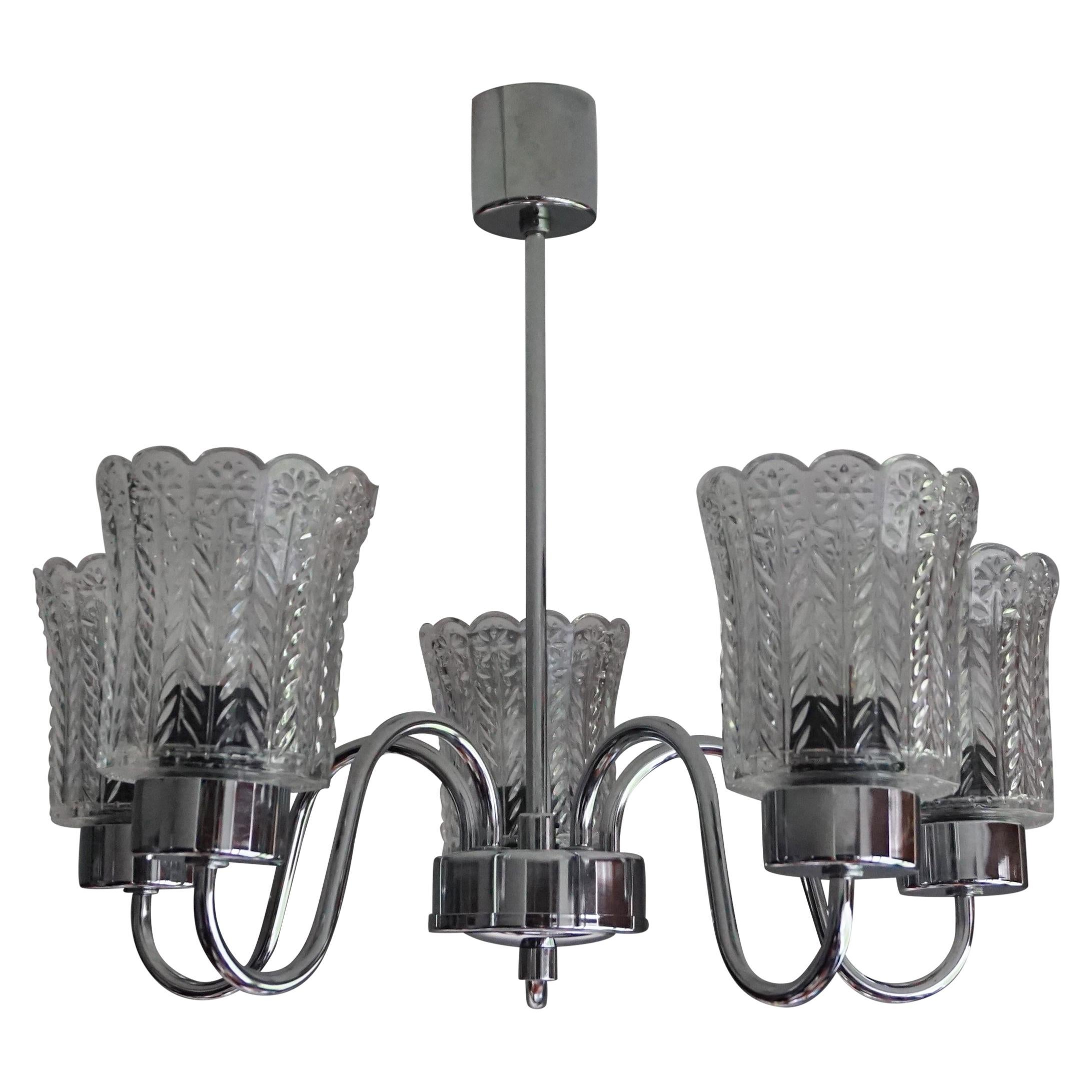 Mid-Century Modern Chrome and Glass Shades Pendant Light with Flower Patterns For Sale