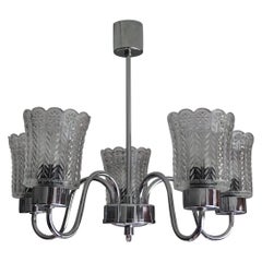 Retro Mid-Century Modern Chrome and Glass Shades Pendant Light with Flower Patterns