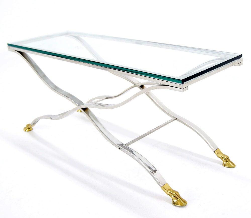 Mid-Century Modern Mid Century Modern Chrome Glass Top Coffee Console Table with Brass Hoof-Feet For Sale