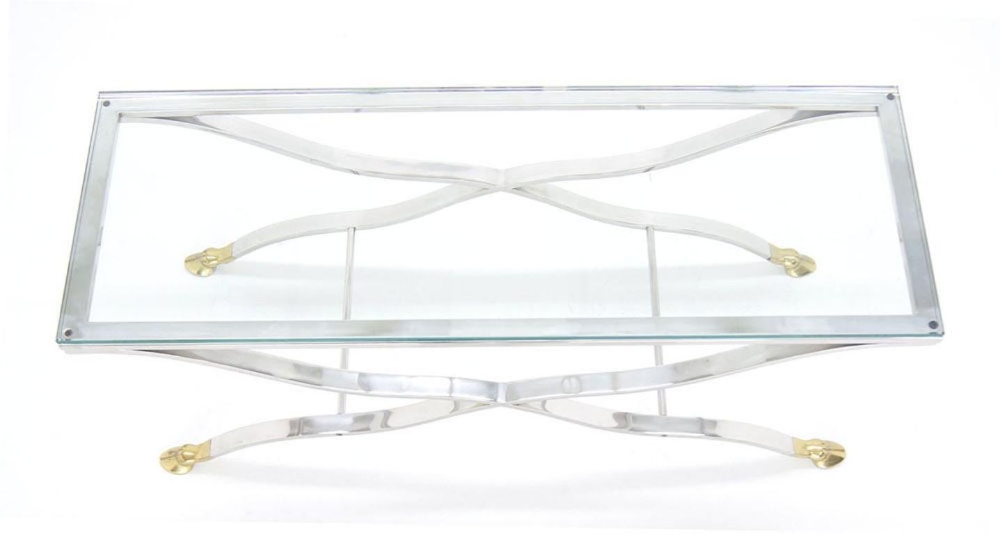 American Mid Century Modern Chrome Glass Top Coffee Console Table with Brass Hoof-Feet For Sale