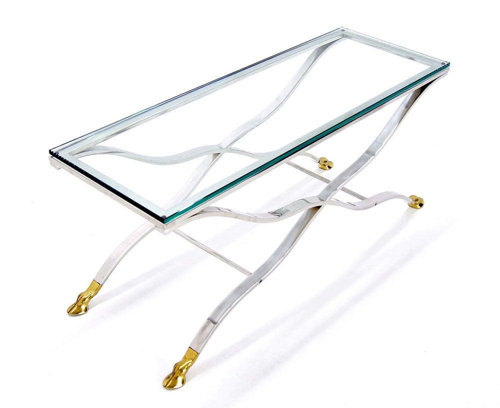 Mid Century Modern Chrome Glass Top Coffee Console Table with Brass Hoof-Feet In Excellent Condition For Sale In Rockaway, NJ