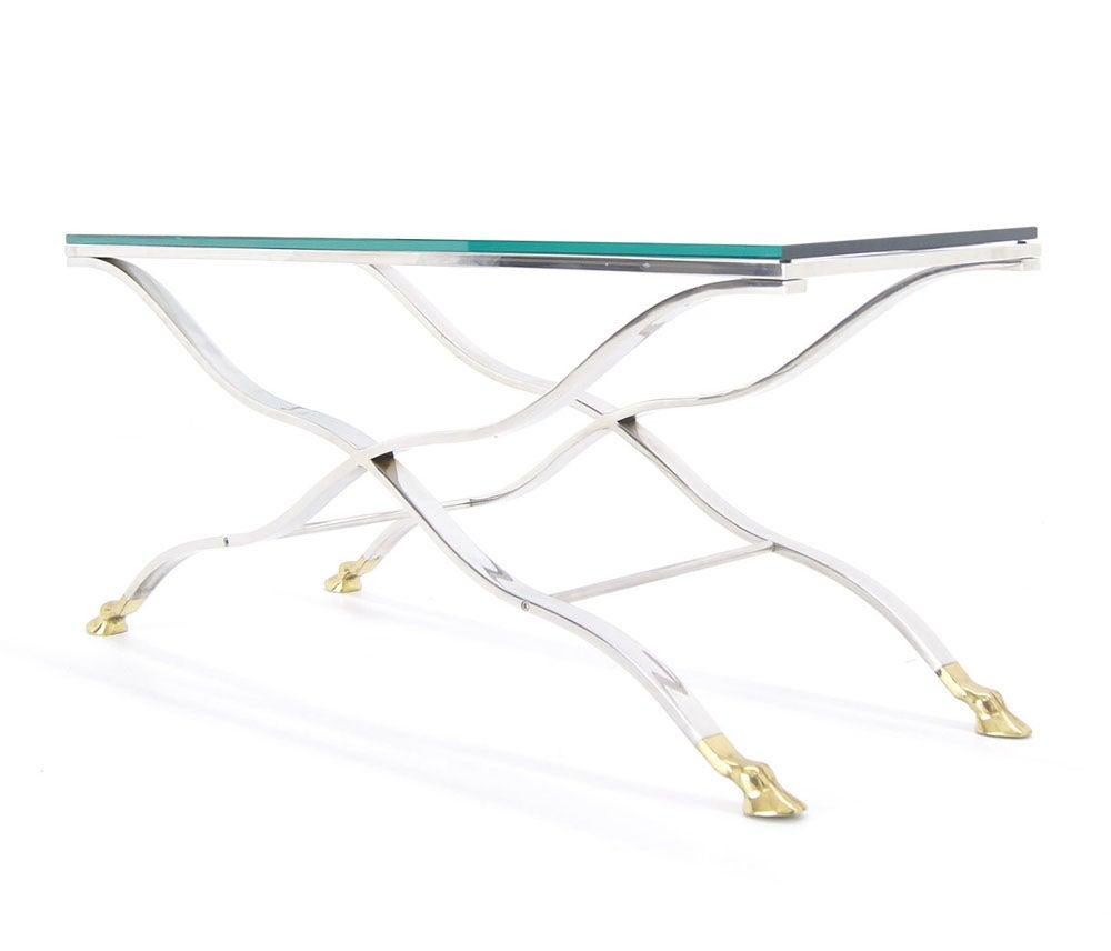 20th Century Mid Century Modern Chrome Glass Top Coffee Console Table with Brass Hoof-Feet For Sale