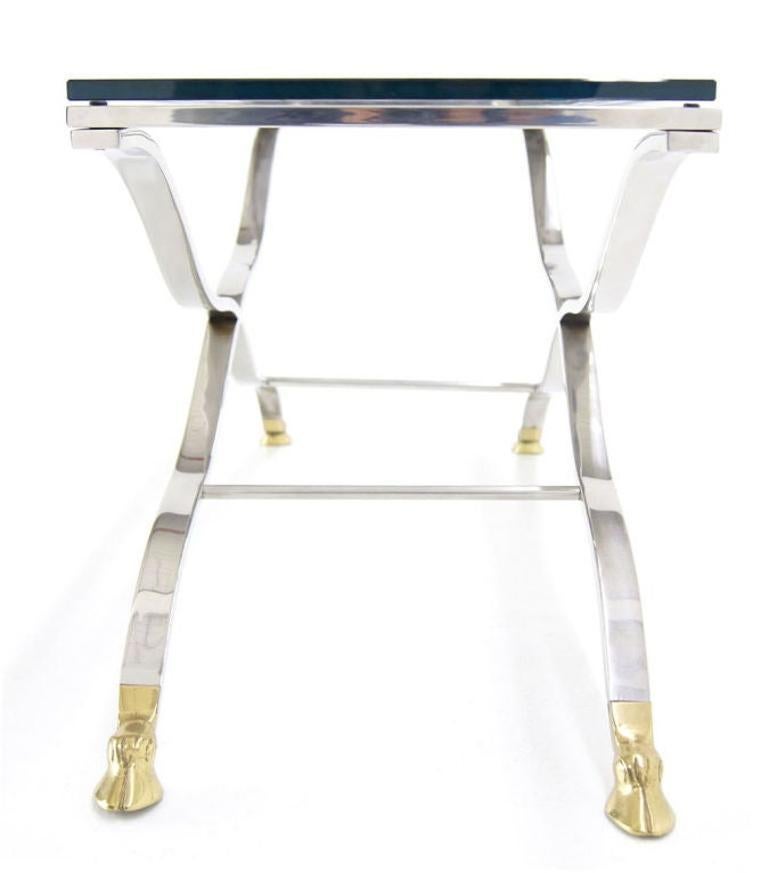 Mid Century Modern Chrome Glass Top Coffee Console Table with Brass Hoof-Feet For Sale 3