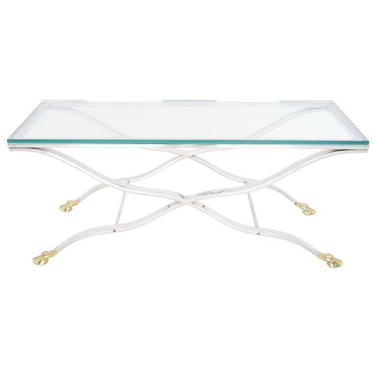 Mid Century Modern Chrome Glass Top Coffee Console Table with Brass Hoof-Feet For Sale