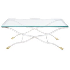 Mid Century Modern Chrome Glass Top Coffee Console Table with Brass Hoof-Feet