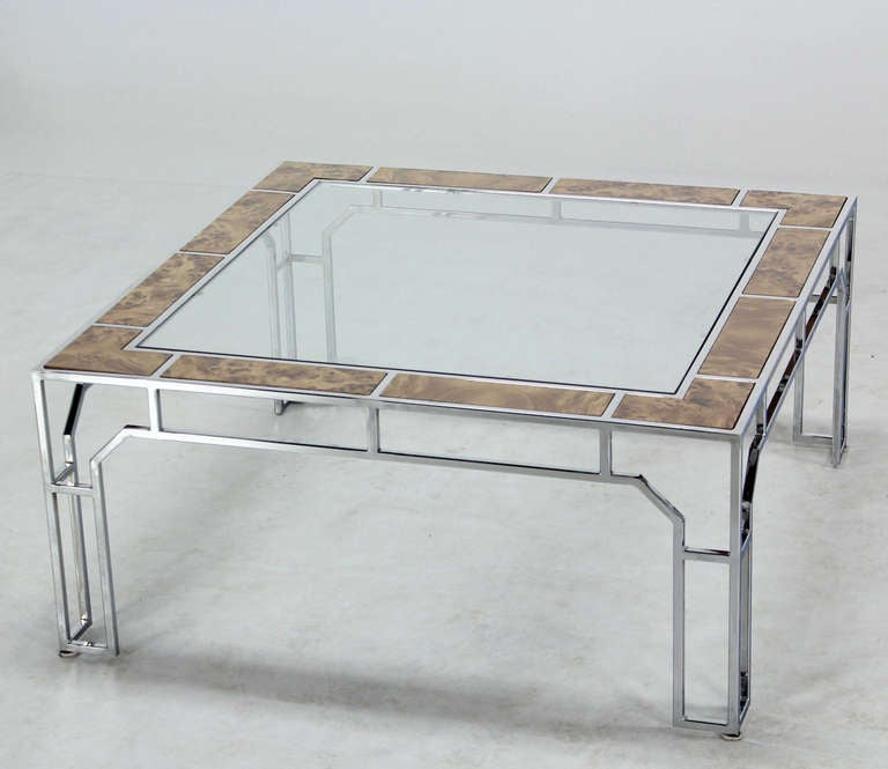 Mid Century Modern Chrome Glass Top Square Coffee Table w Burl Wood Inserts MINT For Sale 4