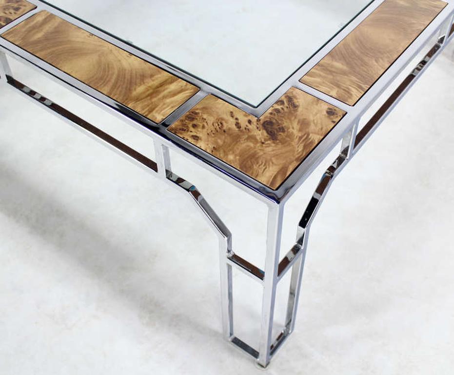 American Mid Century Modern Chrome Glass Top Square Coffee Table w Burl Wood Inserts MINT For Sale