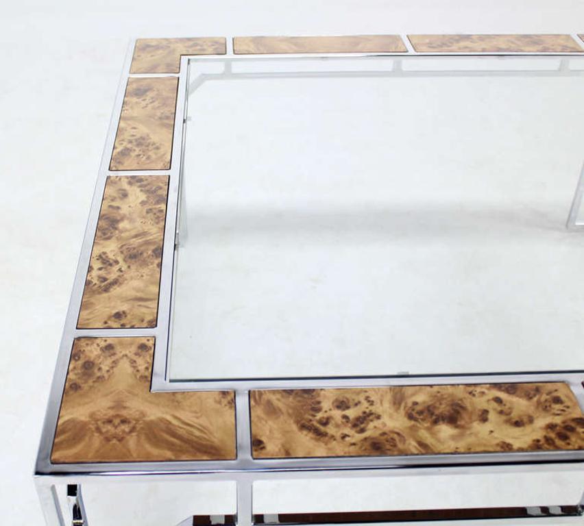 Polished Mid Century Modern Chrome Glass Top Square Coffee Table w Burl Wood Inserts MINT For Sale
