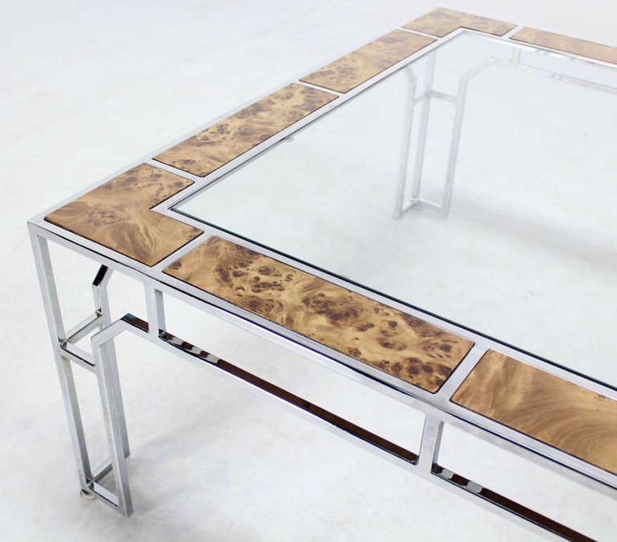 Mid-20th Century Mid Century Modern Chrome Glass Top Square Coffee Table w Burl Wood Inserts MINT For Sale