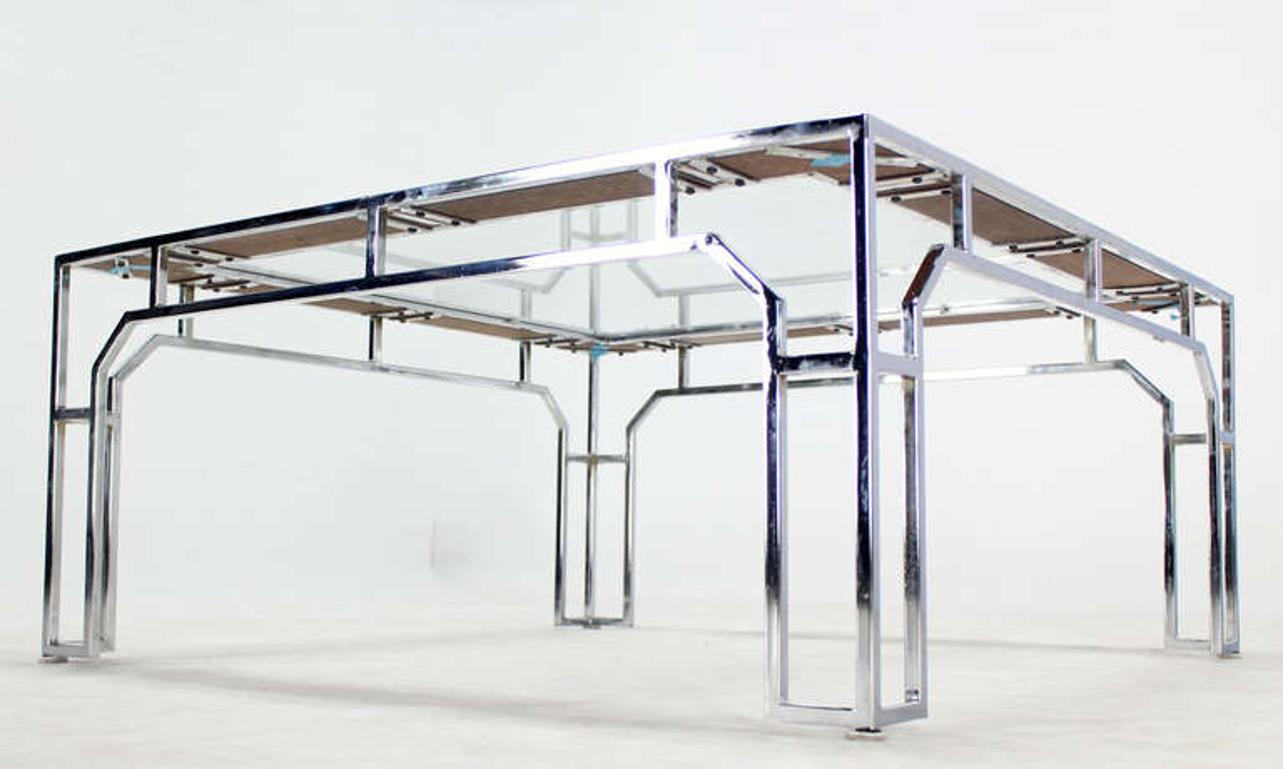 Chrome Table basse carrée moderne du milieu du siècle dernier avec plateau en verre chromé et inserts en bois de ronce MINT en vente