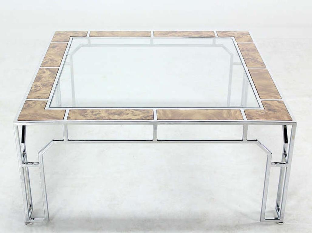 Mid Century Modern Chrome Glass Top Square Coffee Table w Burl Wood Inserts MINT For Sale 2