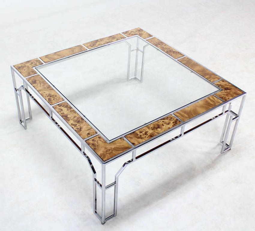 Mid Century Modern Chrome Glass Top Square Coffee Table w Burl Wood Inserts MINT For Sale 3