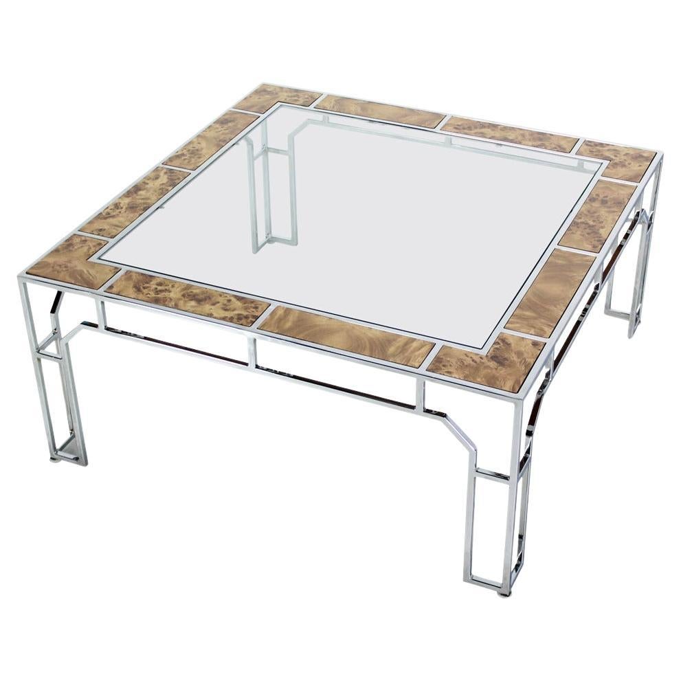 Table basse carrée moderne du milieu du siècle dernier avec plateau en verre chromé et inserts en bois de ronce MINT en vente