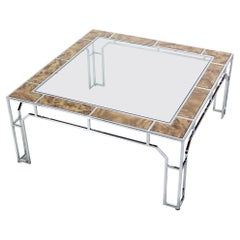 Table basse carrée moderne du milieu du siècle dernier avec plateau en verre chromé et inserts en bois de ronce MINT