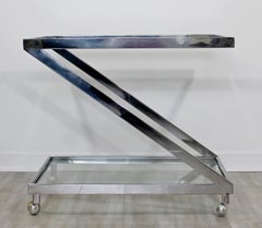 Mid-Century Modern Chrome and Glass Z-Shaped 2-Tier Serving Bar Cart, 1970s