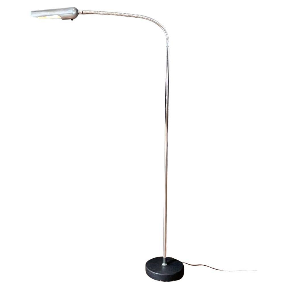 Mid-Century Modern Chrome Gooseneck Reading Floor Lamp w/ Iron Base