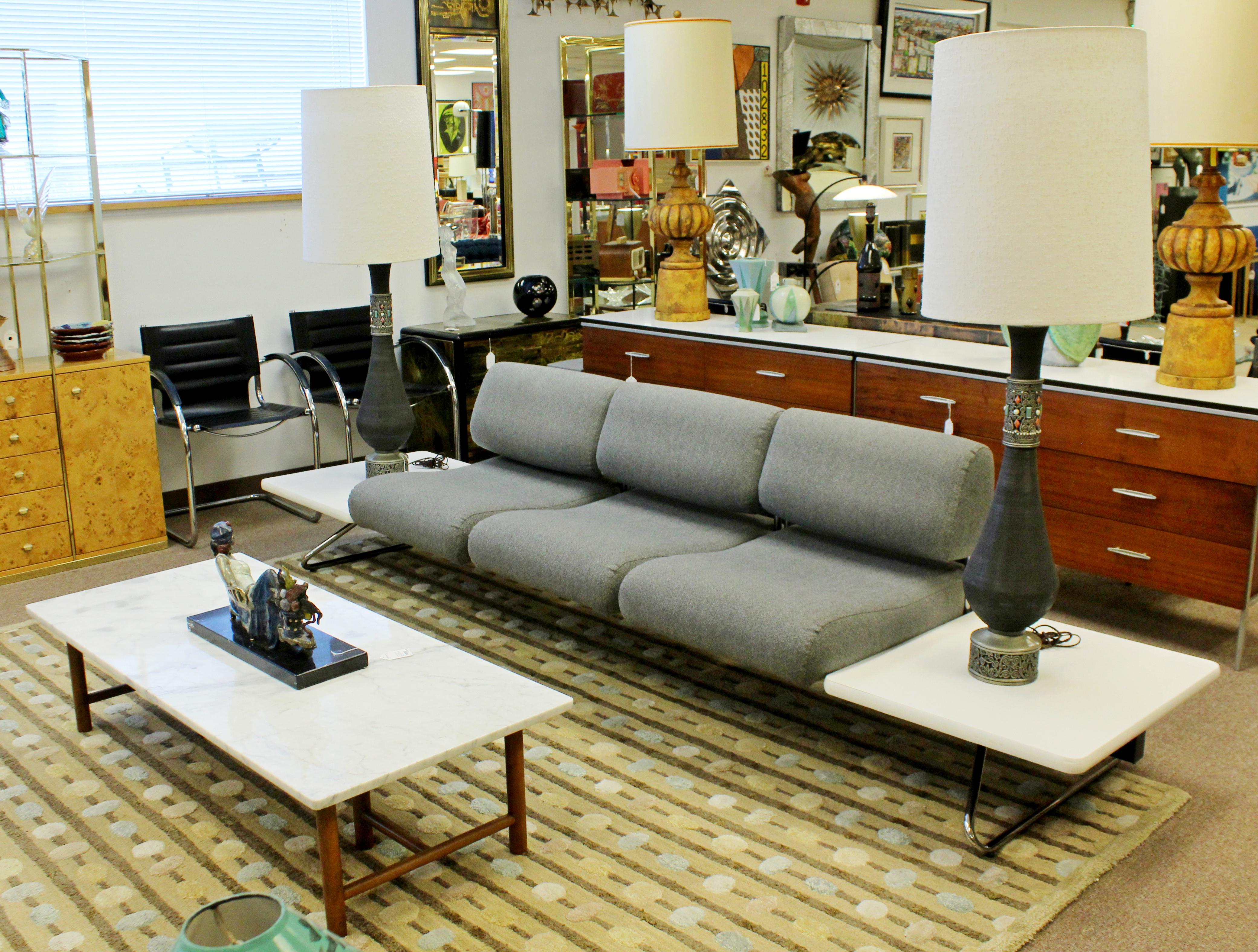 Mid-Century Modern Chrome Gray Sofa with Built in Side Tables Nelson Miller Era 3