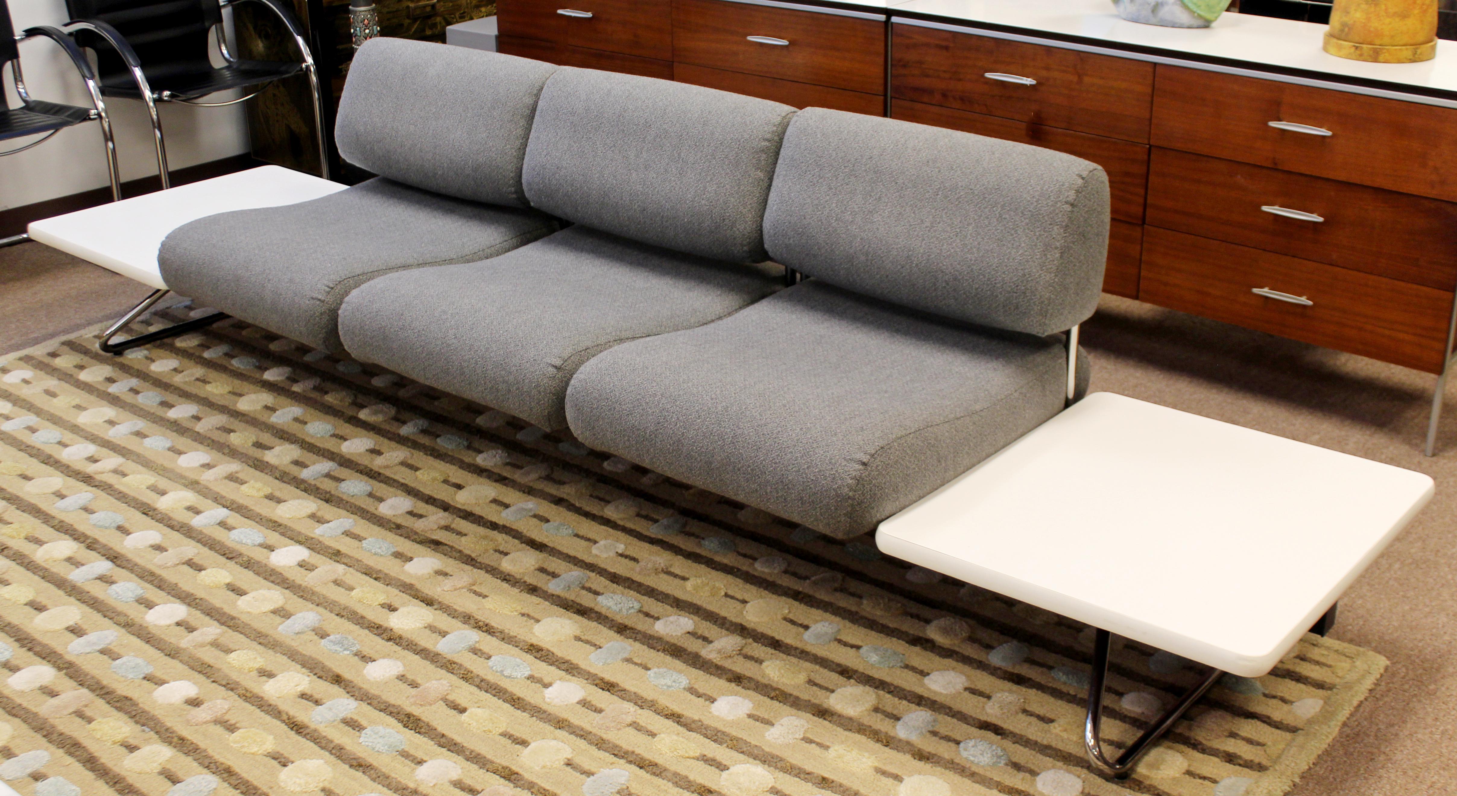 American Mid-Century Modern Chrome Gray Sofa with Built in Side Tables Nelson Miller Era