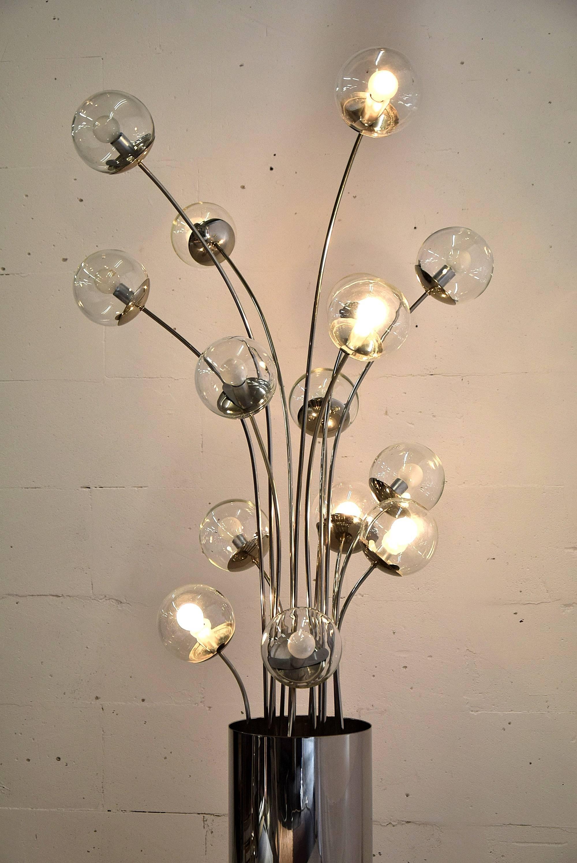 Glass Mid-Century Modern Chrome Italian Floor Lamp For Sale