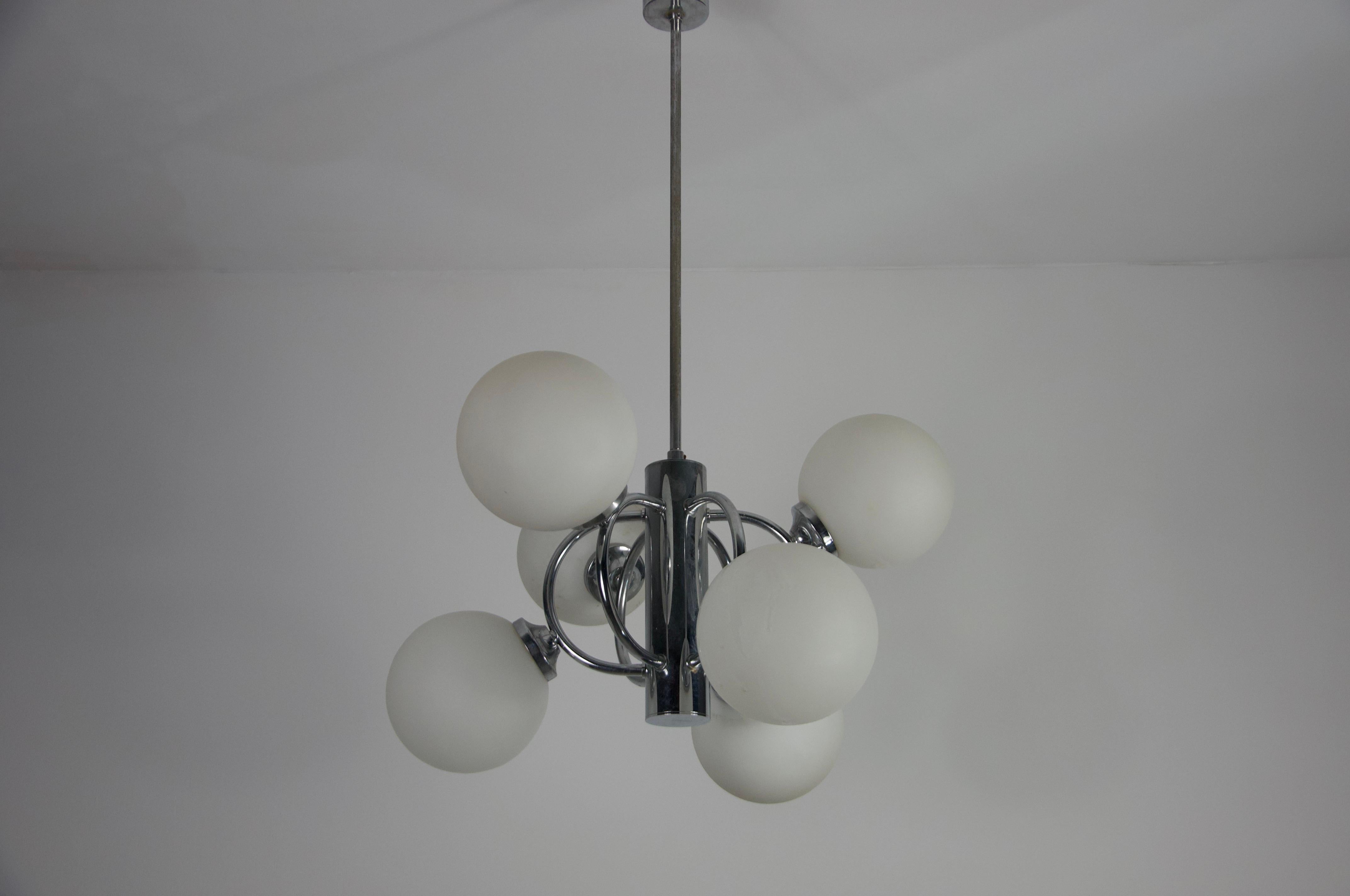 Opaline Glass Mid-Century Modern Chrome Kaiser 6-Arm Space Age Chandelier, Germany, 1960s For Sale