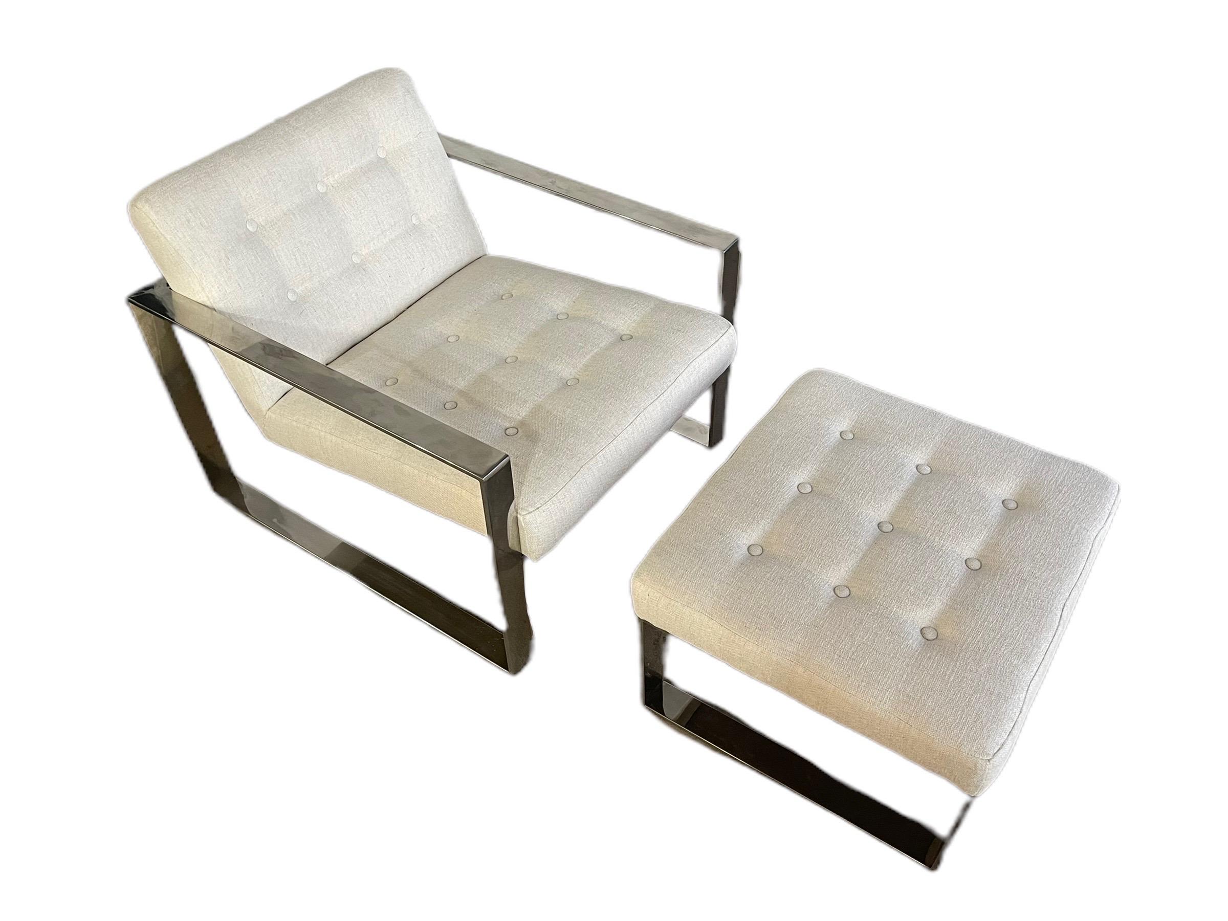 Mid-Century Modern chrome lounge chair & ottoman in the style of Milo Baughman. The chair has been fully restored and reupholstered with high quality Krypton Fabric. Fabric is liquid stain proof and very durable.