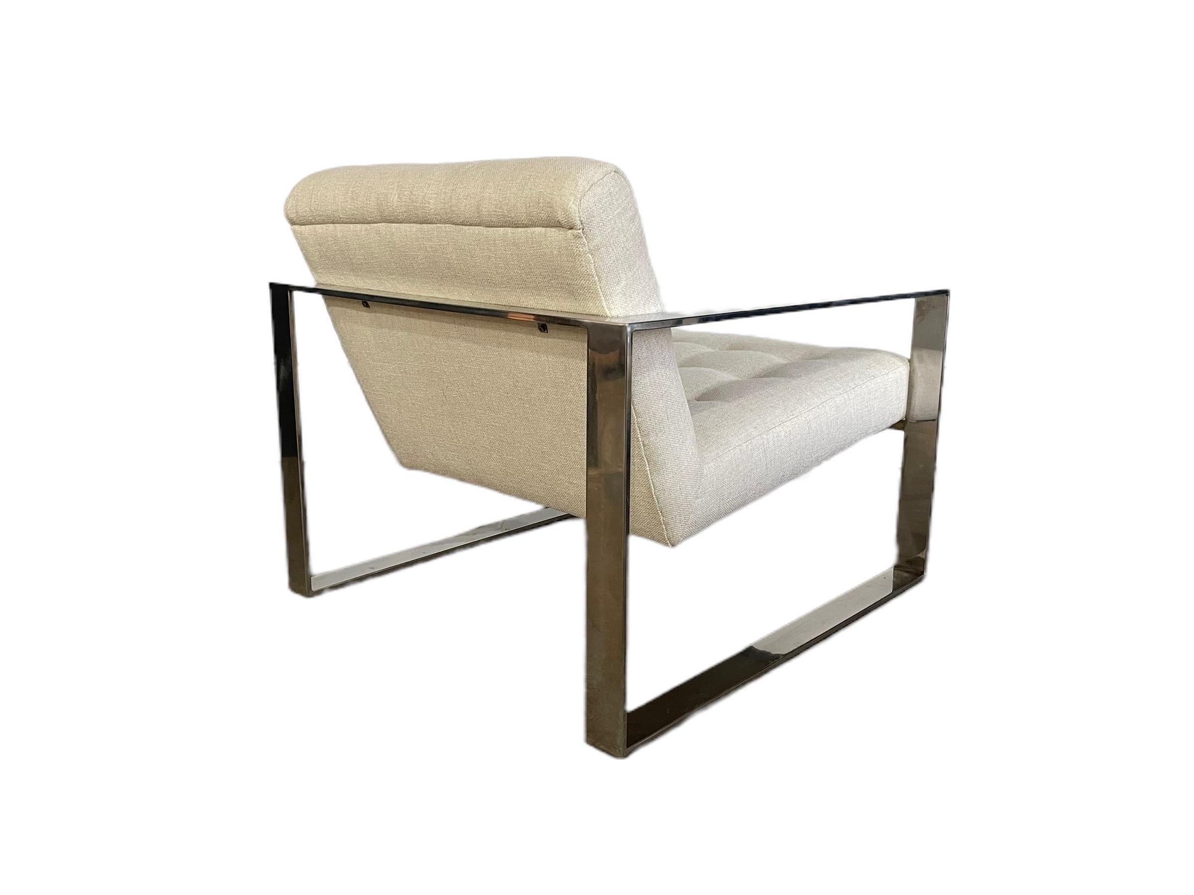 Fabric  Milo Baughman Style Chrome Lounge Chair & Ottoman 