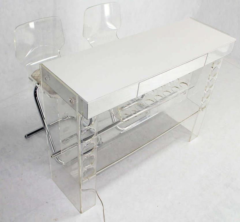 American Mid Century Modern Chrome Lucite Bar with Two Bar Stools  For Sale