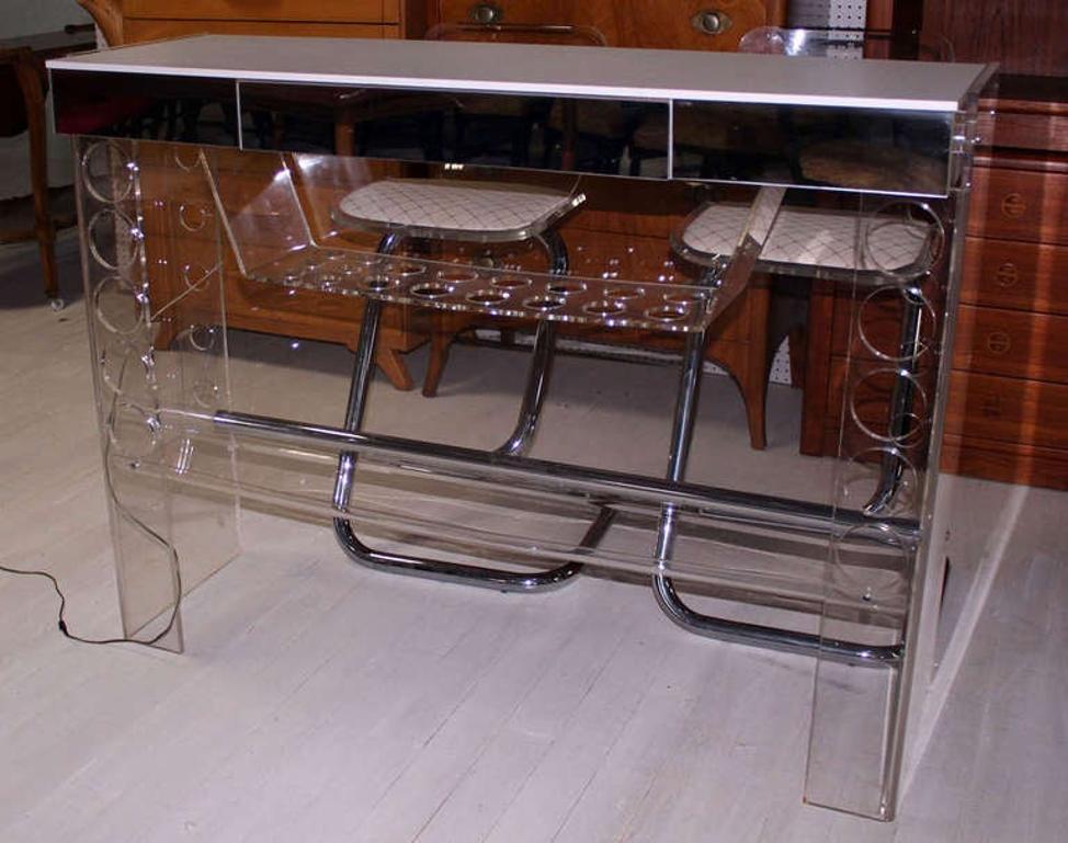 Mid Century Modern Chrome Lucite Bar with Two Bar Stools  In Good Condition For Sale In Rockaway, NJ
