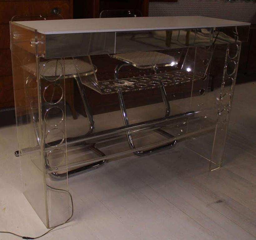 20th Century Mid Century Modern Chrome Lucite Bar with Two Bar Stools  For Sale